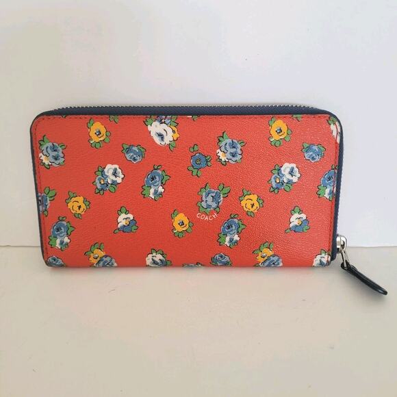 Coach Accordion Zip Wallet Tea Rose Floral Print Coated Canvas Blue Red F57649 - Picture 2 of 11